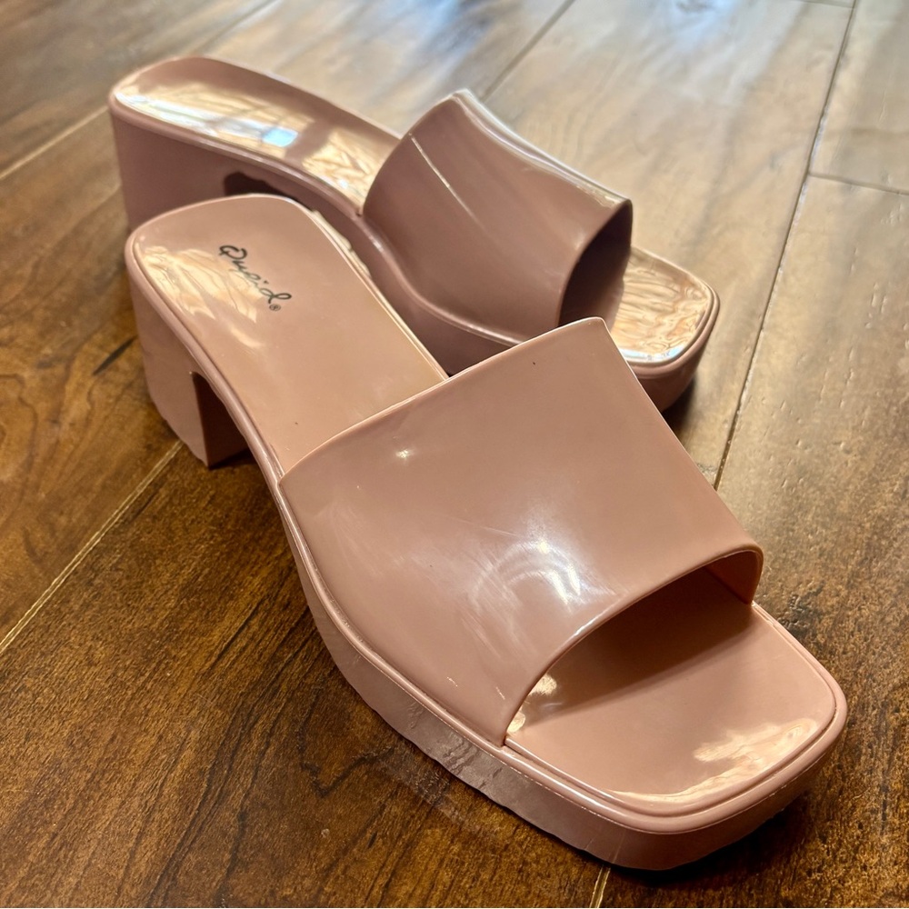 Qupid Jelly Block Heel Slide Sandals - Mauve/Rosy Pink - Size 8